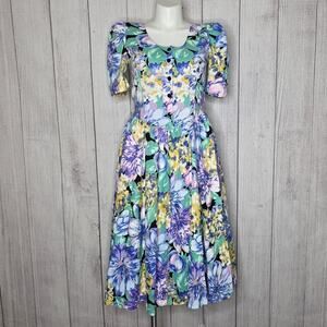 VTG 80s 90s S.L. Fashions Bold Floral Cotton Midi Dress Sz 14 Garden Party USA